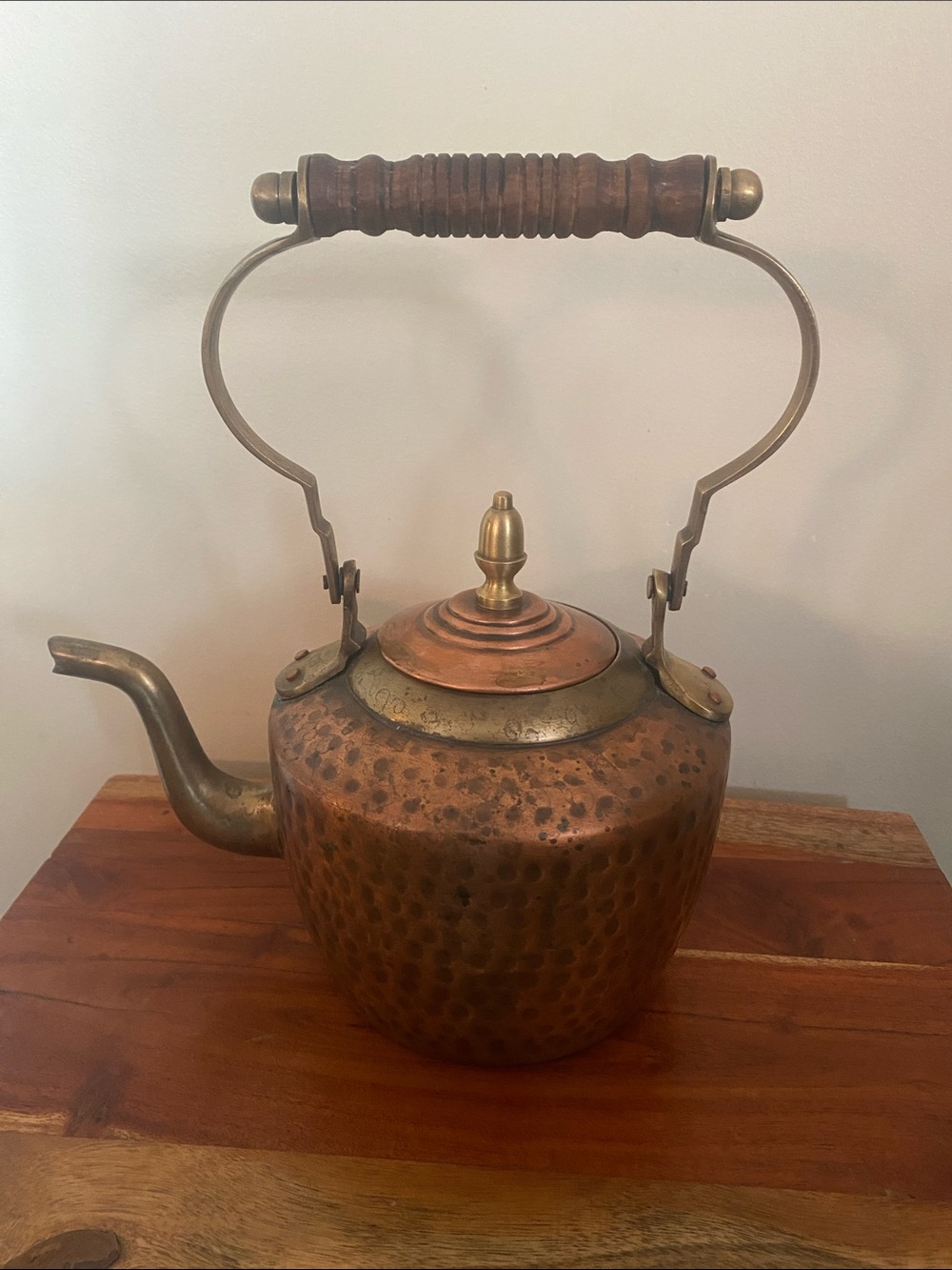 Vintage Hammered Copper and brass Teakettle. Wood handle. Cottagecore primative
